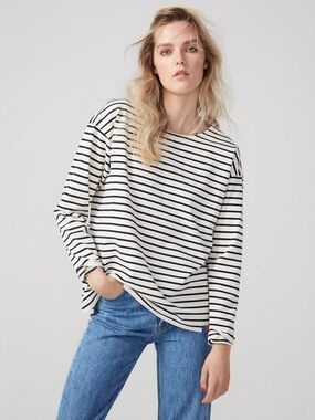 Kule 100% Cotton The Boyfriend Long Sleeve Crewneck T-Shirt XS Cream Navy Stripe